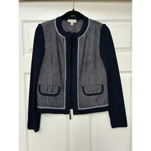 St. John Sport Jacket Womens P Blue Knit Wool Blend Zip Cardigan Blazer